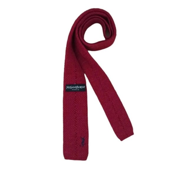YVES SAINT LAURENT Solid Red Logo Knit Wool Slim Tie ITALY 53"/ 2" EC - Picture 4 of 4
